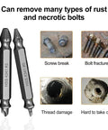 Pro Grade Screw Extractor Set For Removing Stripped Rusty And Broken Hardware with examples of bolt and screw damage.