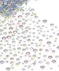 Crystal AB Flatback Hotfix Rhinestones Set 6500 Pieces in 6 Sizes SS6 SS10 SS12 SS16 SS20 SS30 scattered on a surface