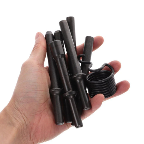 Heavy Duty Pneumatic Air Hammer Rivet Set With Stainless Steel Chisel Bits And Smooth Tool Design For Auto And Industrial Jobs That Get The Work Done Right, black bits in hand