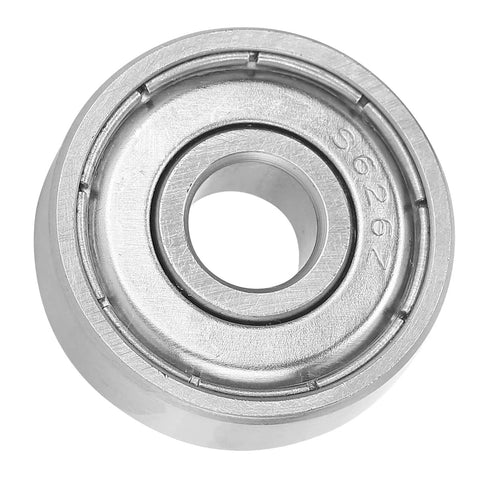 Close-up of a stainless steel roller ball bearing 6x19x6mm, part of a set of 10, for skateboards, inline skates, and electric skateboards.