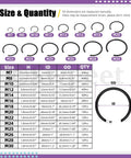 Size chart of 322 Piece Snap Ring Set Carbon Spring Steel And Manganese Round Wire C Clips Internal Snap Ring Kit 14 Sizes