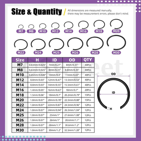Size chart of 322 Piece Snap Ring Set Carbon Spring Steel And Manganese Round Wire C Clips Internal Snap Ring Kit 14 Sizes