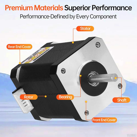 Side view of a Nema 17 stepper motor with a 60mm frame; 2-phase, 1.8° step, visible shaft.