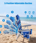Side view of Two Pack Low Beach Chairs with 5 Position Recline on sandy beach showing adjustable recline positions and cooler bag.