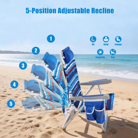 Side view of Two Pack Low Beach Chairs with 5 Position Recline on sandy beach showing adjustable recline positions and cooler bag.