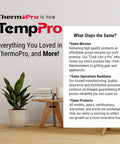 Brand banner for TempPro (formerly ThermoPro); white information panel beside a potted plant and wooden desk.