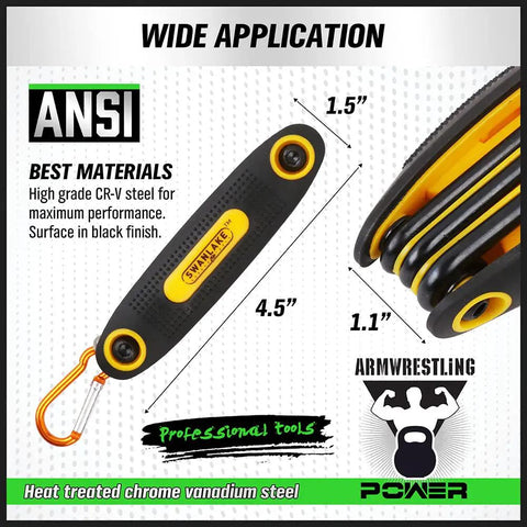 Folding Allen Wrench Set 25 Piece With Metric SAE And Torx Hex Keys, Cr-V Steel, black oxide finish, rubber grip, dimensions displayed