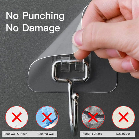 Heavy Duty Adhesive Hooks 44 Lb Max 20 Pack No Drill No Nails Wall Hangers showing how to apply without punching or damage.