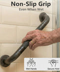 Rock Solid 16 Inch Wall Mount Handrail Matte Black Steel Pipe Grab Bar with non-slip grip for wet hands in shower.