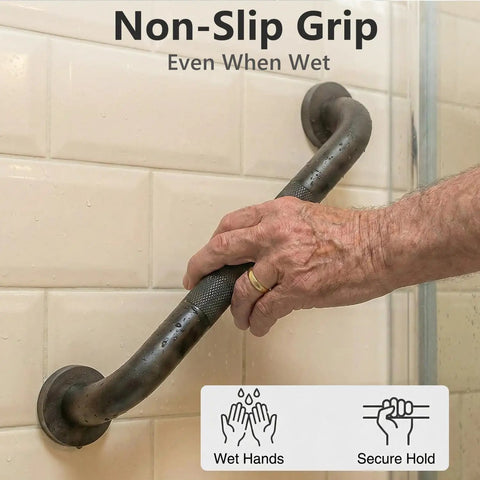 Rock Solid 16 Inch Wall Mount Handrail Matte Black Steel Pipe Grab Bar with non-slip grip for wet hands in shower.