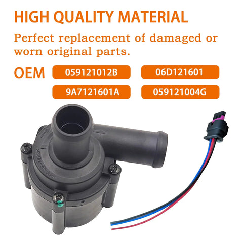 Crackerjack Coolant Pump Assembly For Audi A4 A5 A6 Quattro Allroad And VW Touareg Replaces OE 059121012B showing high quality material and OEM part numbers.