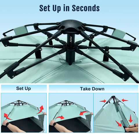 Deluxe XL Pop Up Beach Tent Sun Shade For 3 To 4 People With UV Protection being set up and taken down in mint green.