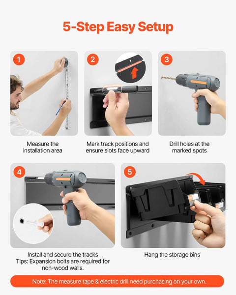 5-step setup guide for Garage Must Have Wall Mounted Storage Bins Space Saving Organizer With 12 Plastic Bins And 3 Metal Rails.