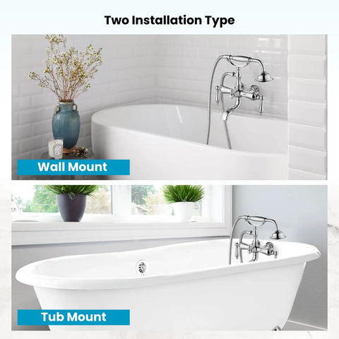 Vintage Style Dope Bathtub Filler Wall Mount Clawfoot Faucet With Handheld Shower Kit, dual installation types on white clawfoot tub