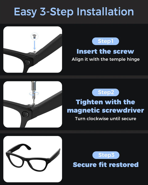 Easy 3-step installation guide for Clean Fit Eyeglass Screwdriver And Precision Screw Kit For Ray Ban Meta And Oakley Meta Gen 1 2.