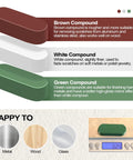 Brown, white, and green polishing compounds for use with Six Piece Bench Grinder Polishing Wheels Set With Premium Tripoli Rouge And White Compound Fits Five Eighth Arbor Spindle For Slick Metal Jewelry Mirror Finish Heavy Duty No Hassle Workhorse Setup.