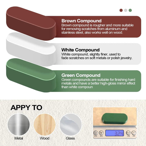 Brown, white, and green polishing compounds for use with Six Piece Bench Grinder Polishing Wheels Set With Premium Tripoli Rouge And White Compound Fits Five Eighth Arbor Spindle For Slick Metal Jewelry Mirror Finish Heavy Duty No Hassle Workhorse Setup.