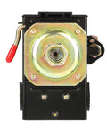 Front view of an air compressor pressure switch control 95 to 125 psi 240V 26A single port replacement valve for industrial use.