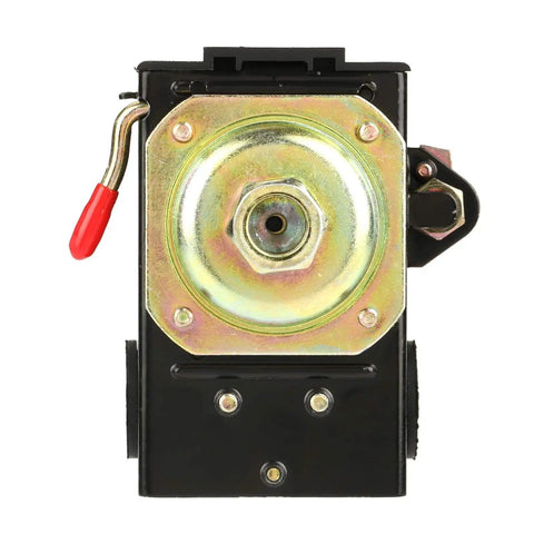 Front view of an air compressor pressure switch control 95 to 125 psi 240V 26A single port replacement valve for industrial use.