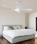 Ceiling Fan with Light and Handheld Controller 6 Speeds Modern Indoor for white fan above a bed in a bright bedroom.