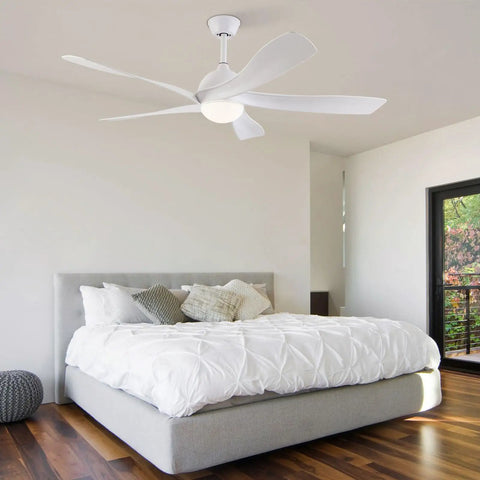 Ceiling Fan with Light and Handheld Controller 6 Speeds Modern Indoor for white fan above a bed in a bright bedroom.