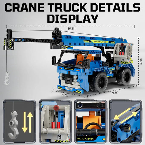 2-In-1 RC Construction Truck And Crane Set For Kids Aged 6 To 14, 401-Piece Build Kit With Easy Remote Control, Convert Between Crane And Truck, Durable STEM Toy For Boys And Girls. Blue ABS crane truck display with hook and dimensions