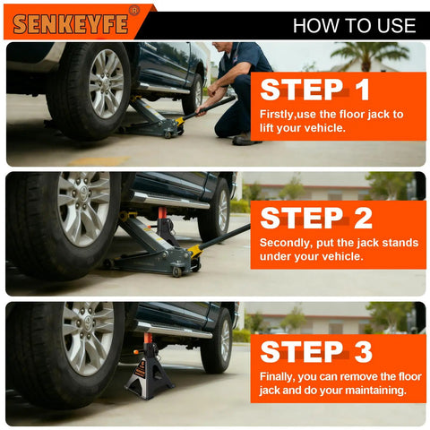 Heavy Duty 6 Ton Jack Stands With Crossbars For Cars And Trucks featuring double pin locking mechanism, shown in use under a vehicle.
