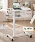 Smooth Operator Mobile Rolling Desk With Lockable Casters And Pneumatic Height Adjustment From Twenty Eight To Forty One Inches, 28" to 41" height, bright white finish.