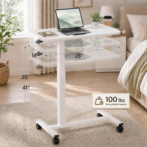 Smooth Operator Mobile Rolling Desk With Lockable Casters And Pneumatic Height Adjustment From Twenty Eight To Forty One Inches, 28" to 41" height, bright white finish.