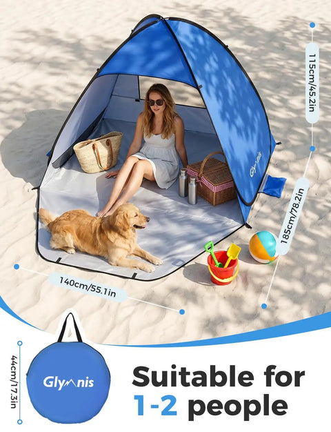 Pop Up Beach Tent Instant Portable Sun Shade Shelter For 1 To 2 People UPF Fifty Plus Protection with woman and dog inside