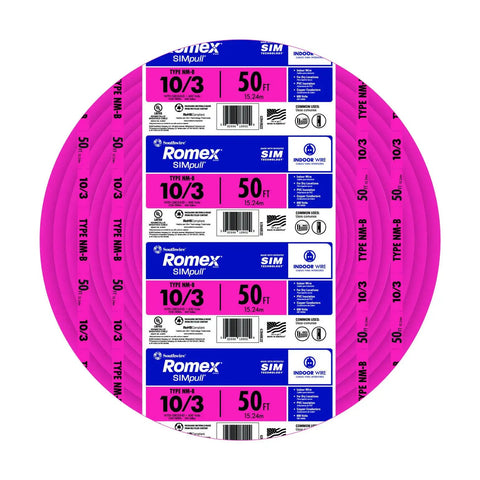 SIMPull Solid Indoor NM-B 10/3 With Ground Cable, 50 Ft Orange Coil displayed vertically, labels showing product details