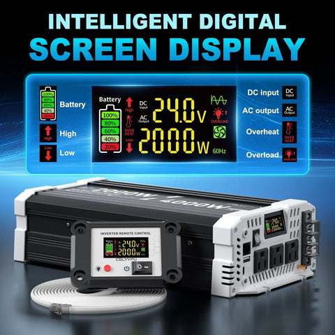 2000 Watt Pure Sine Wave Inverter For 24V DC To 110V AC Power Up Anywhere With 4000W Peak, LCD screen and outlets shown