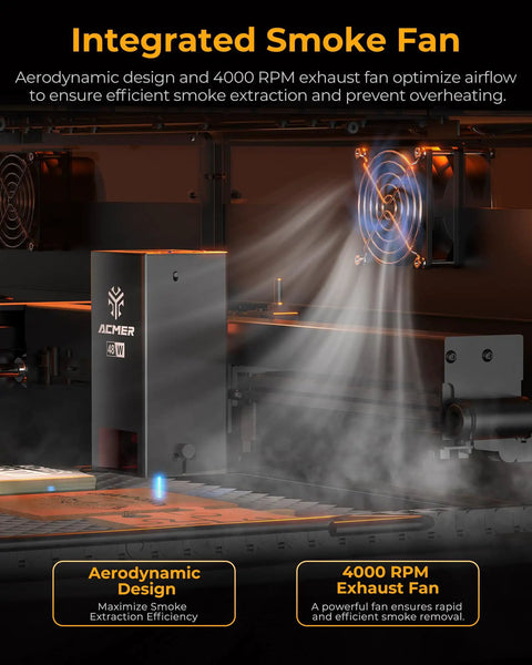 Integrated smoke fan on P3 Laser Engraver With Switchable 48W And 24W Diode 455Nm Laser Cutter, enhancing airflow efficiency.