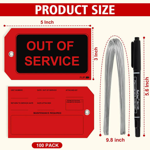 Rock Solid Waterproof Red Out Of Service Tags Bundle With Sturdy Tie Cords And Long Lasting Marking Pen, 5x3 inch tags with 9.8 inch wire.