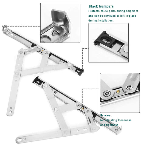 Image showing 4 Pack 10 Inch Casement Window Hinges And Concealed Friction Stays In Stainless Steel, highlighting screws and bumpers.