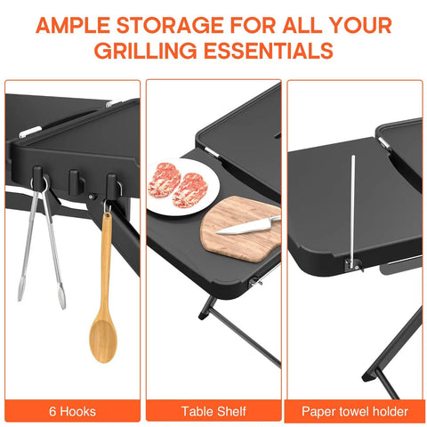 Portable Foldable Grill Table With Wheels And Side Shelf 51 Inch Large Space BBQ Stand For Woodfire OG Series Grills with hooks, shelf and paper towel holder