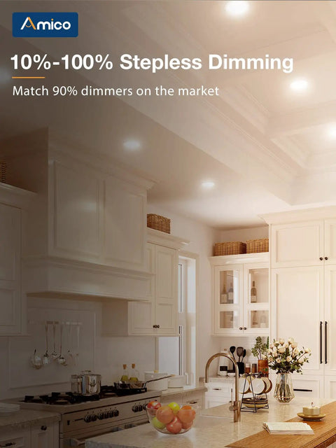 Interior view of kitchen with 12 Pack 6 Inch Ultra Thin LED Recessed Canless Wafer Downlight with Junction Box, dimmable.