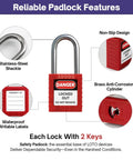 Focus keyword: Lockout Tagout Kit For Electrical Safety Must Have With Hasps Clamp On And Universal Breaker Locks, 4 Safety Padlocks, Tags, Nylon Ties, Pocket Bag, Keyed Different, 7131R; Red padlock with stainless steel shackle and waterproof labels.
