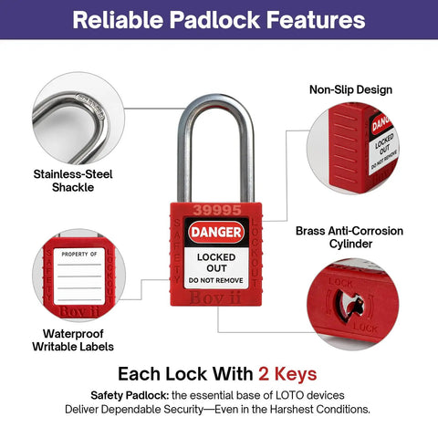Focus keyword: Lockout Tagout Kit For Electrical Safety Must Have With Hasps Clamp On And Universal Breaker Locks, 4 Safety Padlocks, Tags, Nylon Ties, Pocket Bag, Keyed Different, 7131R; Red padlock with stainless steel shackle and waterproof labels.
