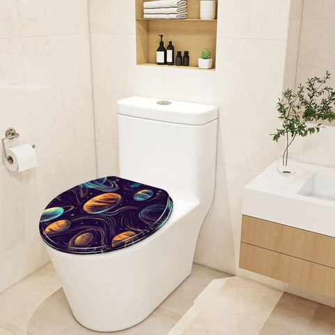 Toilet Seat with Decorative Cover for Bathroom featuring a cosmic planet design, suitable for various toilet models.