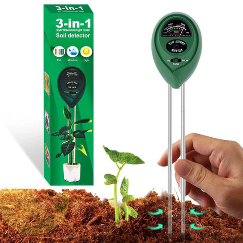 Three In One Soil Tester With Moisture, Light And PH Meter for Gardening and Lawn Care, hand using digital probe in soil