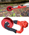 Ultra Tough 41000 Pound Recovery Ring Crafted From Aircraft Grade Aluminum with red synthetic shackle setup on off-road cable