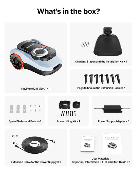Navimow I215 LiDAR Robot Lawn Mower with accessories including charging station, pegs, spare blades, cable, and manuals.