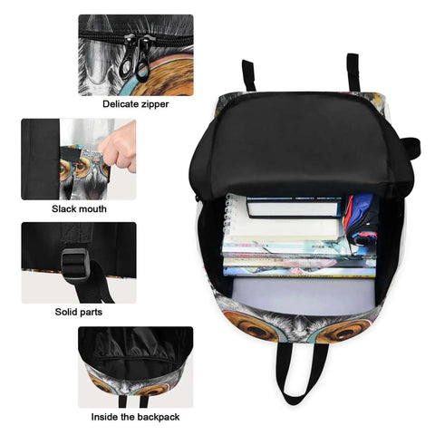 Owl Themed Backpack With Insulated Lunch Box Lightweight Fifteen Point Six Inch Laptop Daypack for Work Travel and Picnics