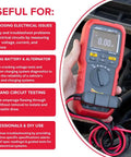 Person using Automotive Digital Multimeter With 80 Amp Fuse Test You Can Do Without Removal, testing car electrical system