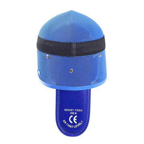 Fencing Foil Mask Helmet CE 350N Certified National Grade Masque with blue mesh, waterproof lining, and padded chin view