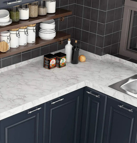 Ultra Wide 36 By 197 White Marble Peel And Stick Countertop Wallpaper Waterproof Self Adhesive Vinyl in modern kitchen setup