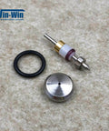 Waterjet on/off valve repair kit parts: stainless steel valve stem with brass collar, O-ring, and metal cap