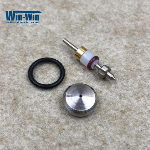 Waterjet on/off valve repair kit parts: stainless steel valve stem with brass collar, O-ring, and metal cap