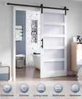 36x84 Inch Glass Sliding Barn Door Slab With 6.6 Ft Hardware Kit Included Five Frosted Glass Panes LVL Wood Core Covered In White Waterproof Scratch Proof PVC Surface Built To Last And A Snap To Install For A Clean Modern Look installed in modern bathroom